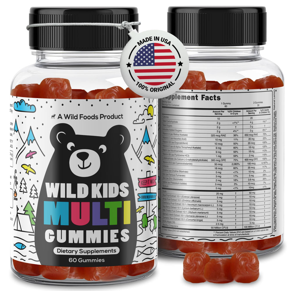 Front view of Wild Foods Kids Multivitamin Gummies bottle (60-count)