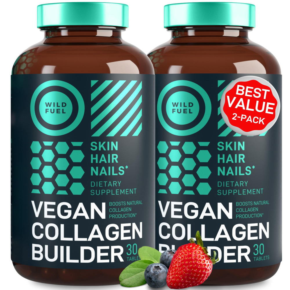 Wild Fuel vegan collagen booster tablets in bottle support skin, hair, nails.