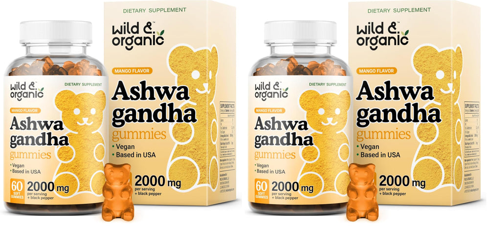 Bottle and packaging for Wild & Organic Ashwagandha Gummies 2000mg in a two-pack