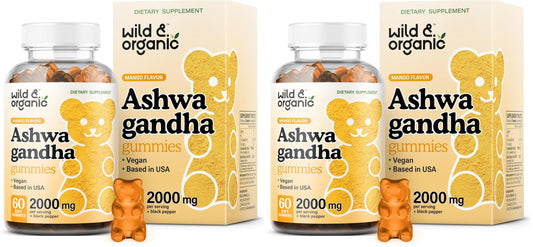 Bottle and packaging for Wild & Organic Ashwagandha Gummies 2000mg in a two-pack