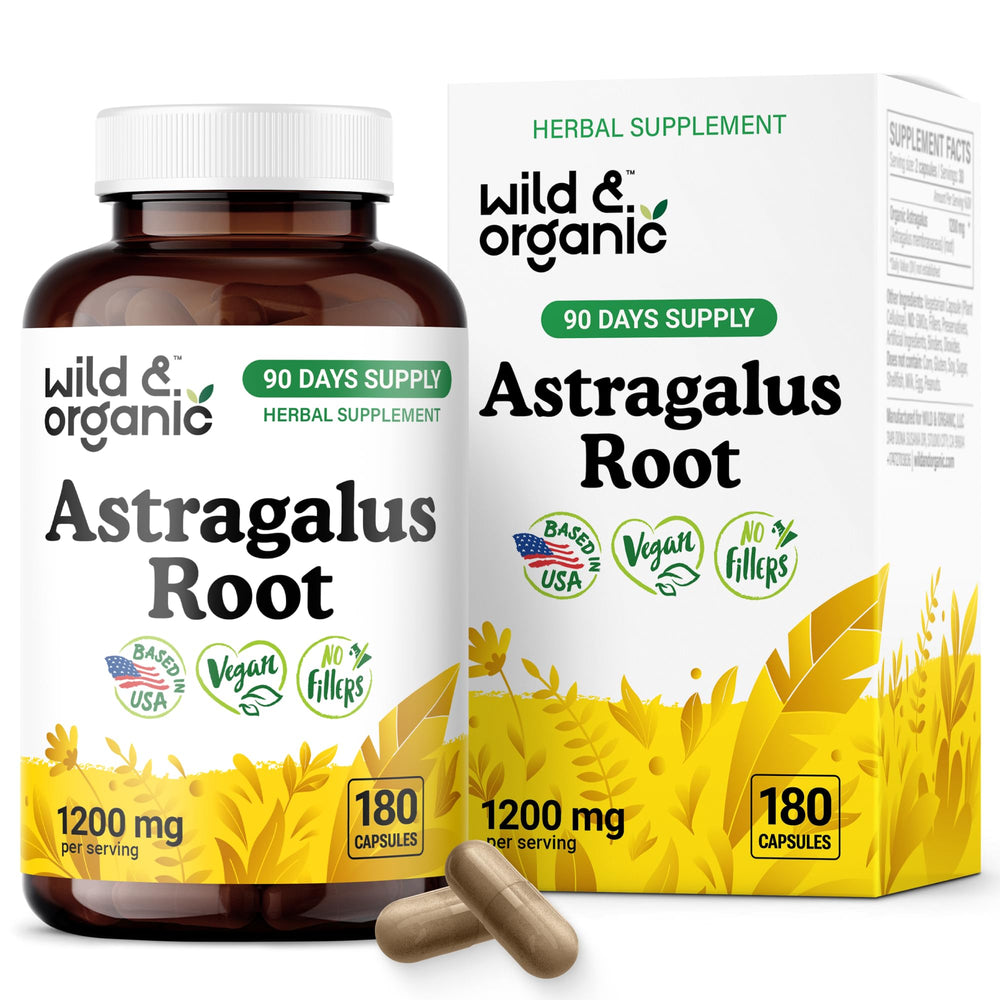 Wild & Organic Astragalus Capsules bottle with 180-count capacity