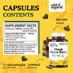 Close-up of Wild & Organic Black Maca Root Capsules (500 mg each)