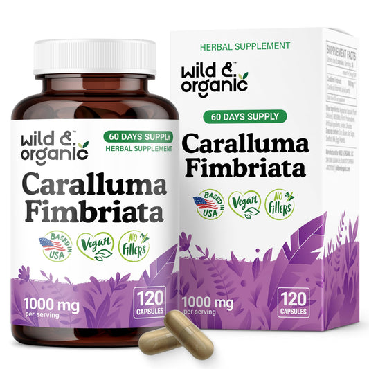 Front view of Wild & Organic Caralluma Fimbriata capsules bottle, 1000 mg per serving, 120-count