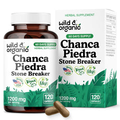 Bottle of Wild & Organic Chanca Piedra capsules on white background