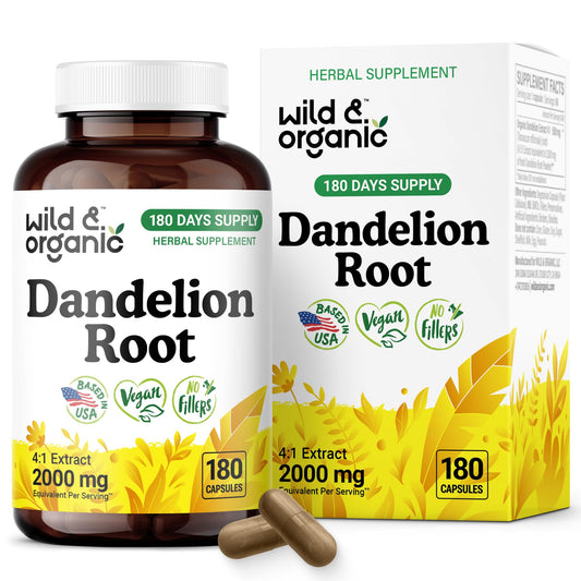 Wild & Organic Dandelion Root Capsules bottle on white background