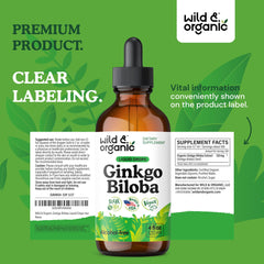 Ginkgo biloba drops bottle on wooden surface