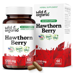 Bottle of Wild & Organic Hawthorn Berry Capsules with 60-count label
