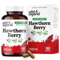 Front view of Wild & Organic Hawthorn Berry Capsules bottle with 1200mg per serving