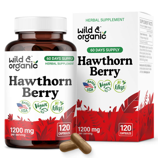 Front view of Wild & Organic Hawthorn Berry Capsules bottle showing 1200 mg per serving