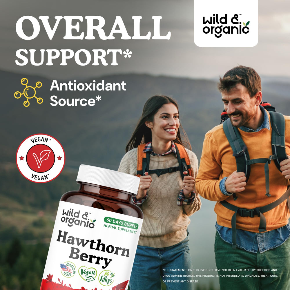 Product label for Wild & Organic Hawthorn Berry Capsules with 1200 mg per serving