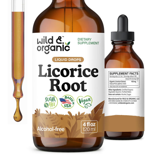 Front label of Wild & Organic Licorice Root Tincture bottle 4 oz