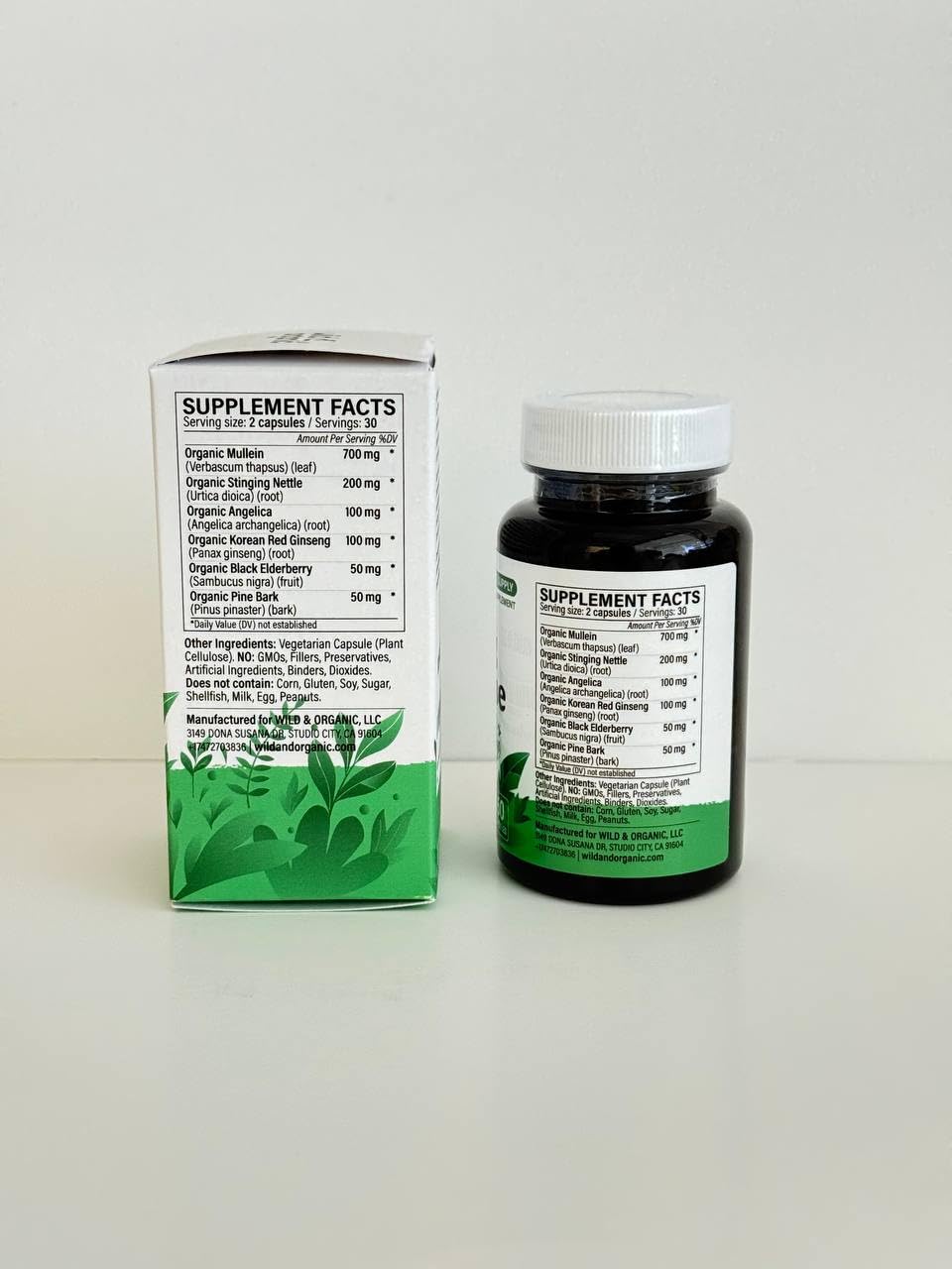 Close-up of mullein leaf, stinging nettle, angelica and ginseng ingredients
