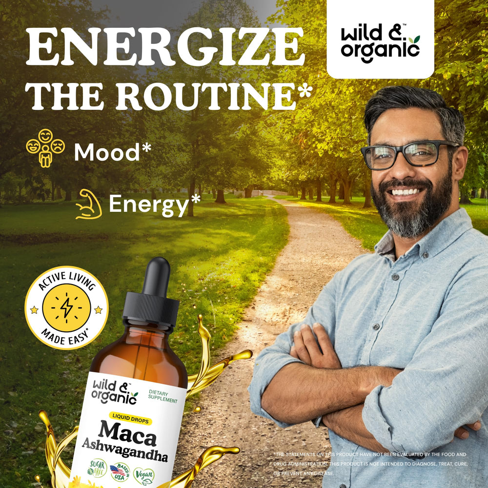 Close-up of the product label for Wild & Organic Maca Root Ashwagandha Drops