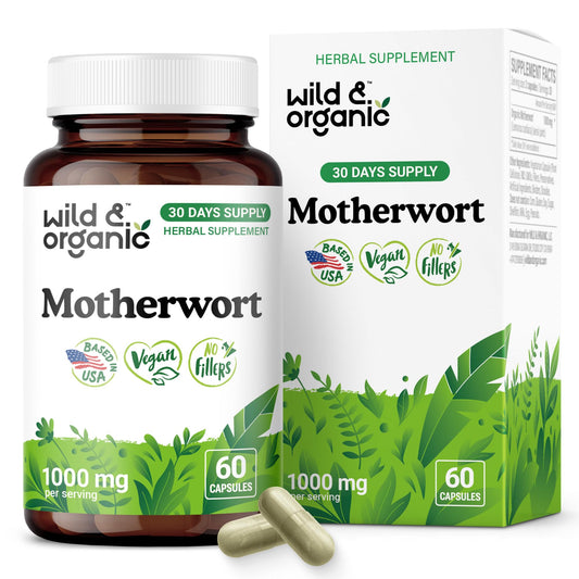 Wild & Organic Motherwort Capsules bottle labeled 1000 mg