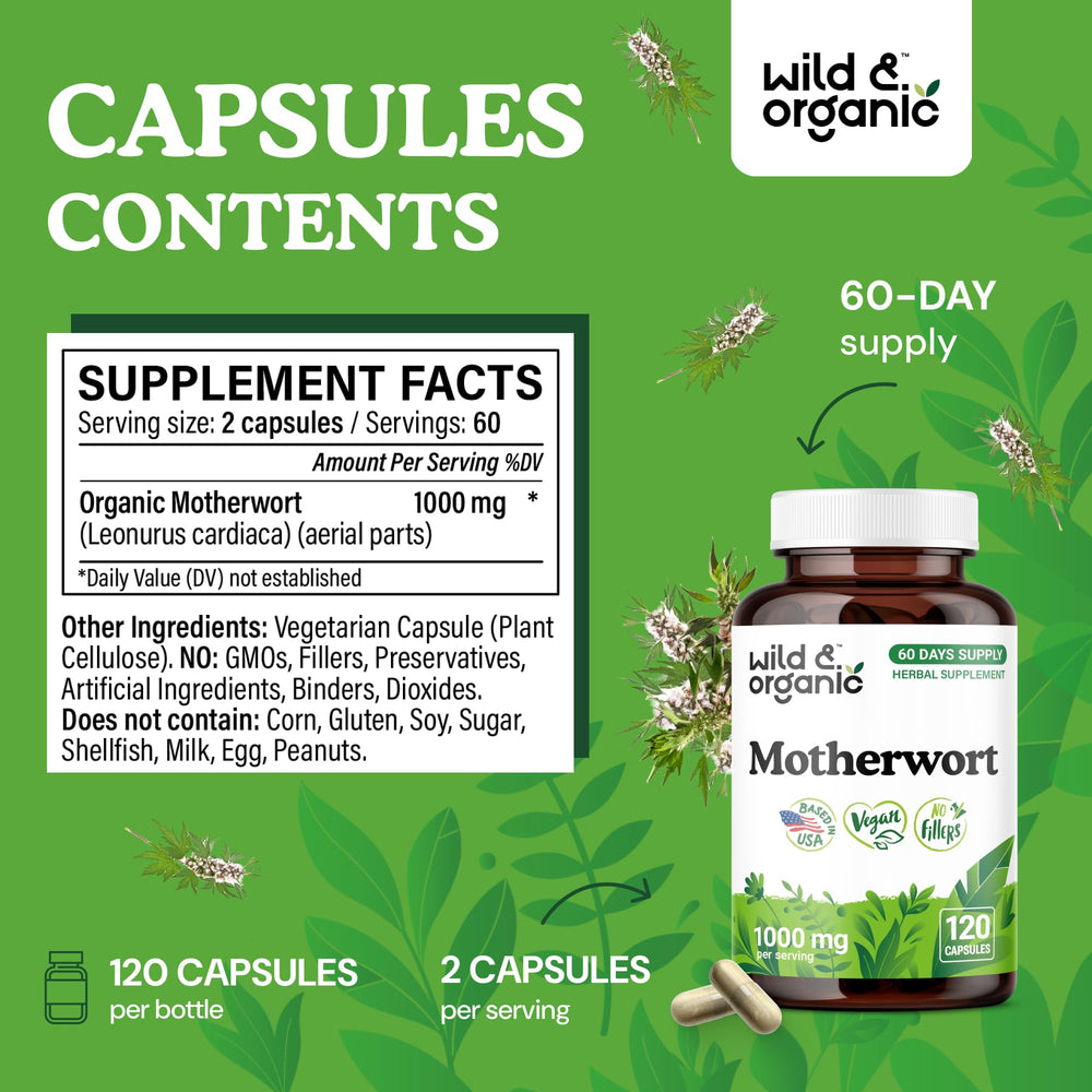 Bottle of Wild & Organic Motherwort Capsules with 120 capsules for a 60-day supply
