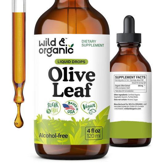 Wild & Organic olive leaf liquid extract bottle, 4 oz