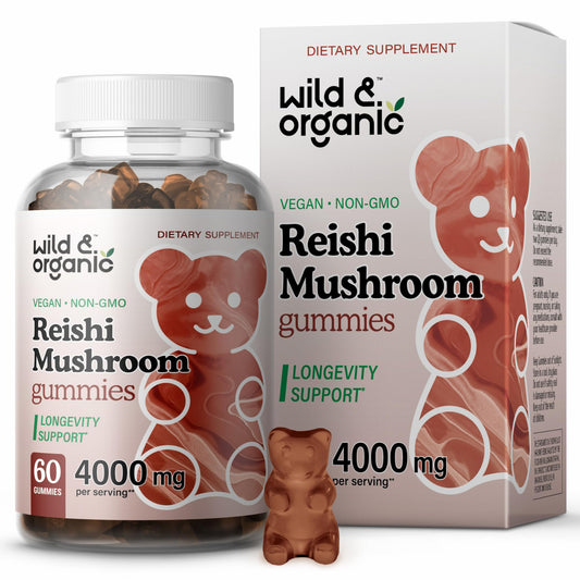 Bottle of Wild & Organic Reishi Gummies with mango flavor