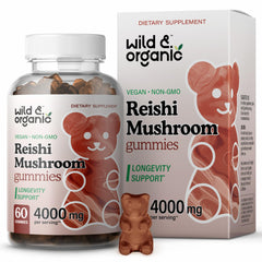Bottle of Wild & Organic Reishi Gummies with mango flavor