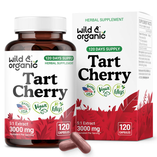 Bottle of Wild & Organic Tart Cherry Capsules 600 mg for uric acid support