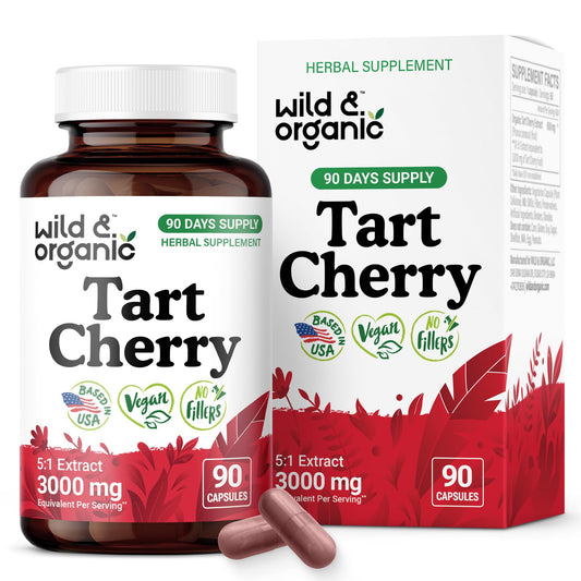Wild & Organic Tart Cherry Capsules bottle and packaging on white background