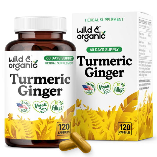 Front view of Wild & Organic Turmeric & Ginger Capsules bottle – 120-count