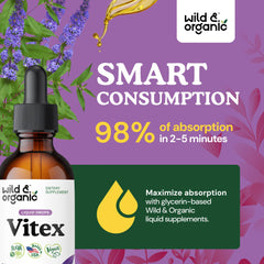 Wild & Organic Vitex tincture amber bottle on shelf emphasizing alcohol-free formula.