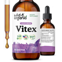 Wild & Organic Vitex tincture bottle front view showing vegan, alcohol-free mood-support formula.