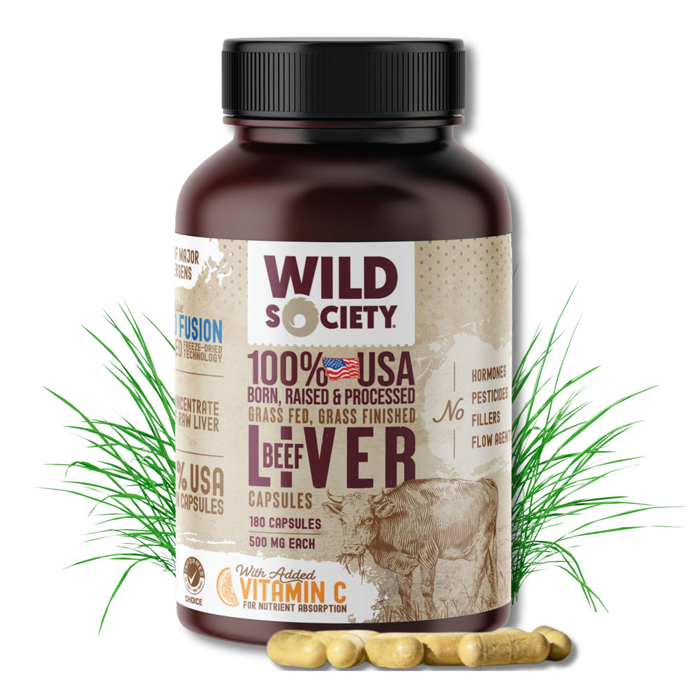 WILD SOCIETY USA Grass-Fed Beef Liver Capsules bottle on white background