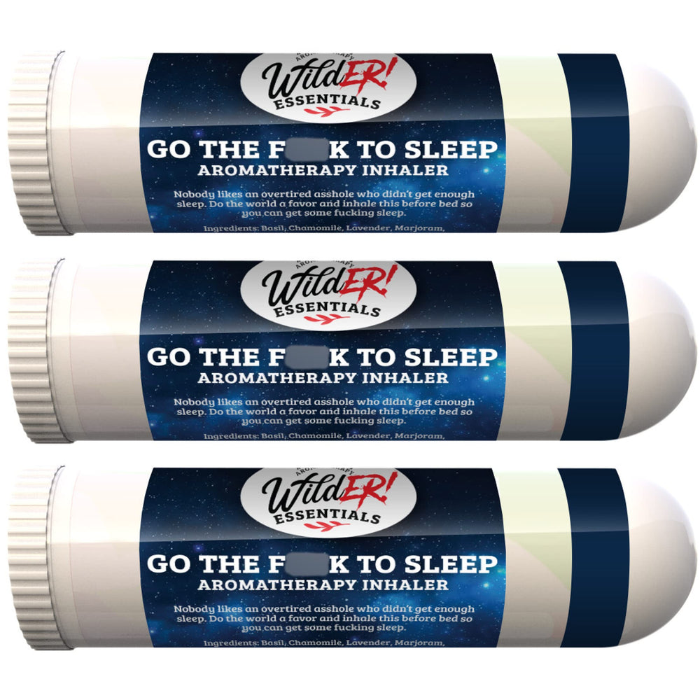 Close-up of Go The F to Sleep inhalers with blue caps