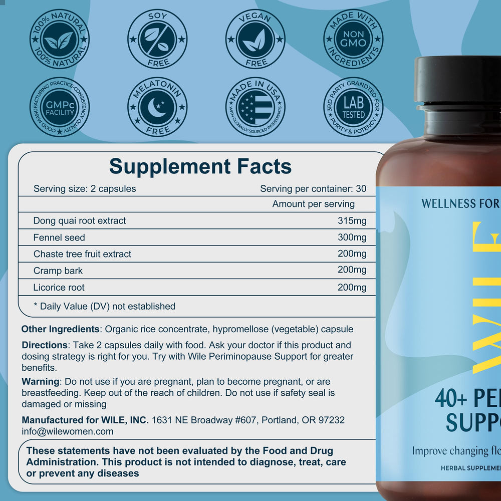 WILE packaging label front communicates vegan, plant-based menopause support for daily use.