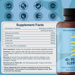 WILE packaging label front communicates vegan, plant-based menopause support for daily use.