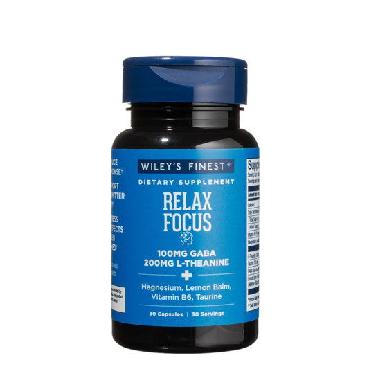 Wiley's Finest Relax Focus bottle label showcasing 30 capsules