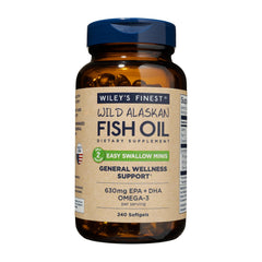 Bottle and label of Wiley's Finest Easy Swallow Minis fish oil
