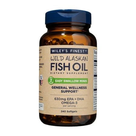 Wiley's Finest Easy Swallow Minis bottle with compact omega-3 capsules