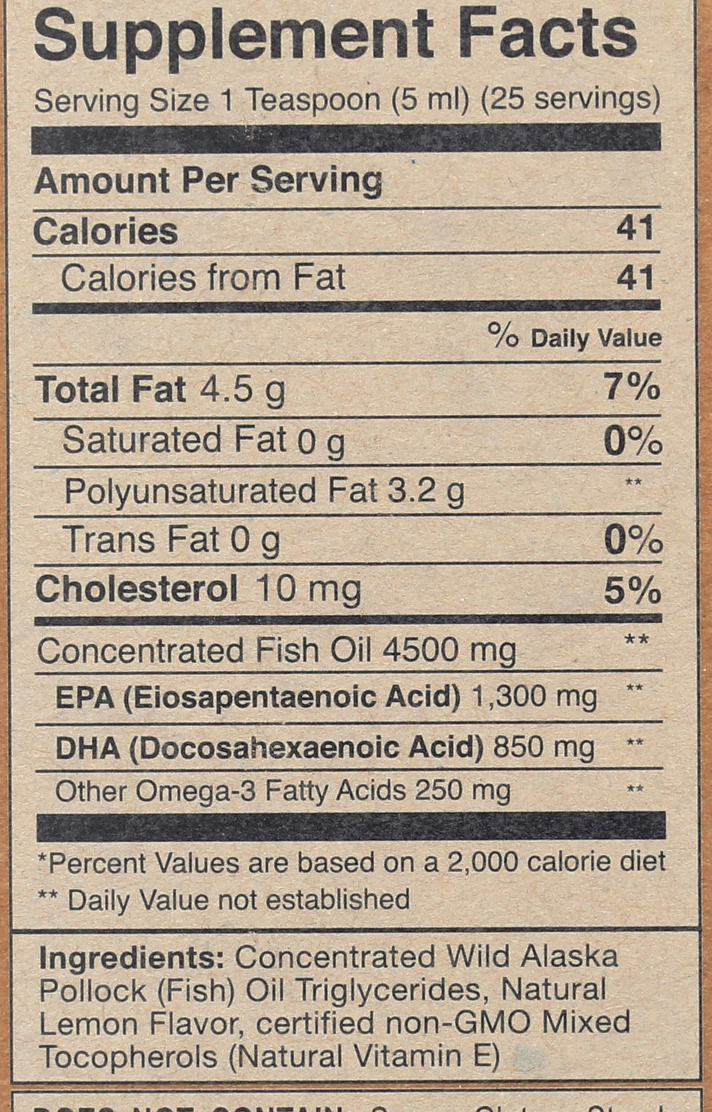 Lemon-flavored omega-3 liquid supplement