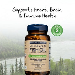 Wiley's Finest omega-3 630mg softgels close-up highlighting potency