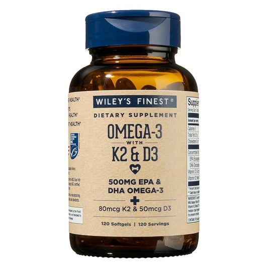 Wiley's Finest Wild Alaskan Fish Oil + K2 & D3 Softgels bottle and label