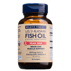 Wiley's Finest Wild Alaskan Fish Oil Peak DHA bottle and softgel capsules
