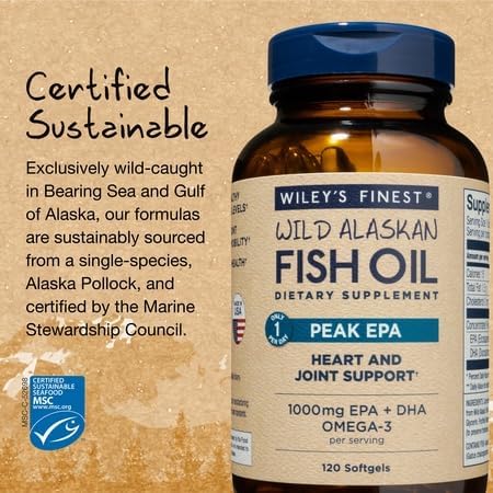 Wiley's Finest Peak EPA ingredients label, showing purity and safety testing
