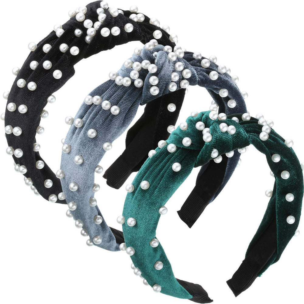 Willbond 3-piece velvet-knotted pearl headband in black for everyday elegance.