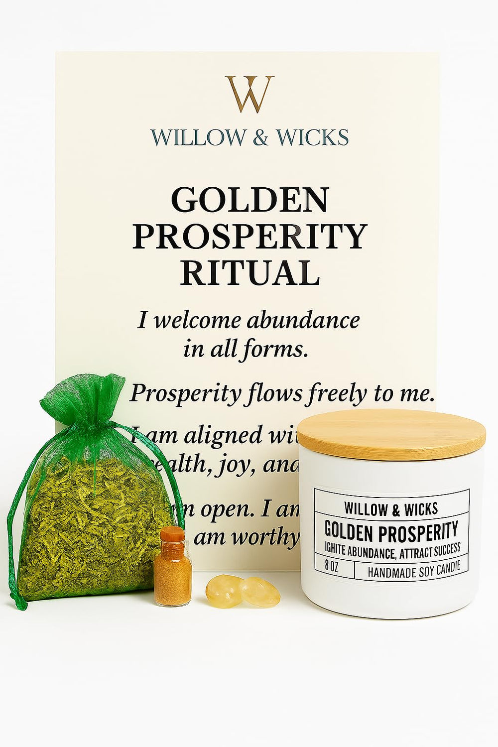 Willow & Wicks Golden Prosperity candle 8oz, ideal for focused abundance rituals