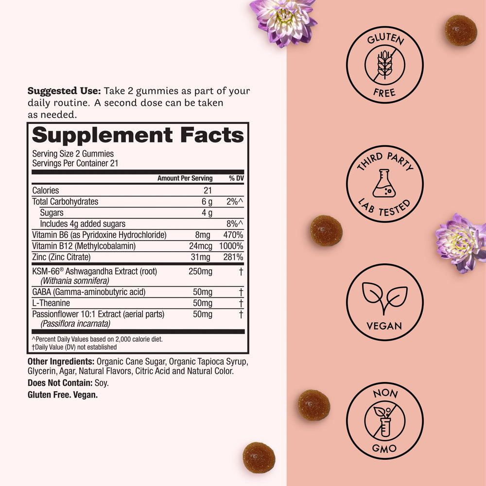 Ingredients lineup featuring KSM-66 Ashwagandha, L-Theanine, GABA and Passionflower