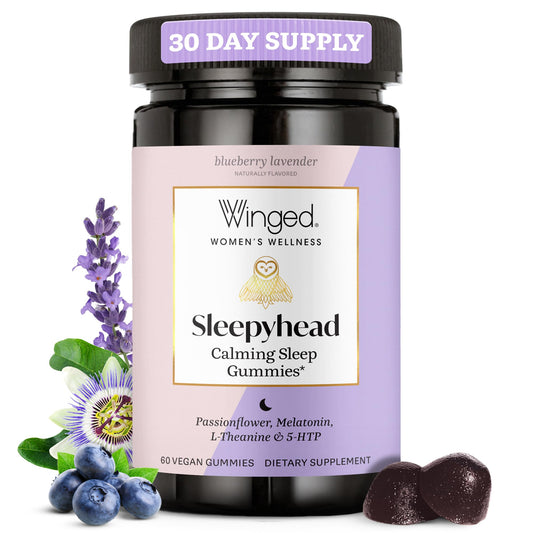 Bottle of Winged Wellness Sleepyhead Gummies for Women in blueberry lavender flavor