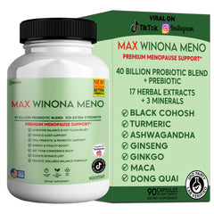Bottle of Winona Max Premium Menopause Support on white background
