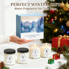 Cedarwood & Amber 7oz soy candle from the Winter Gift Set in a clear glass jar