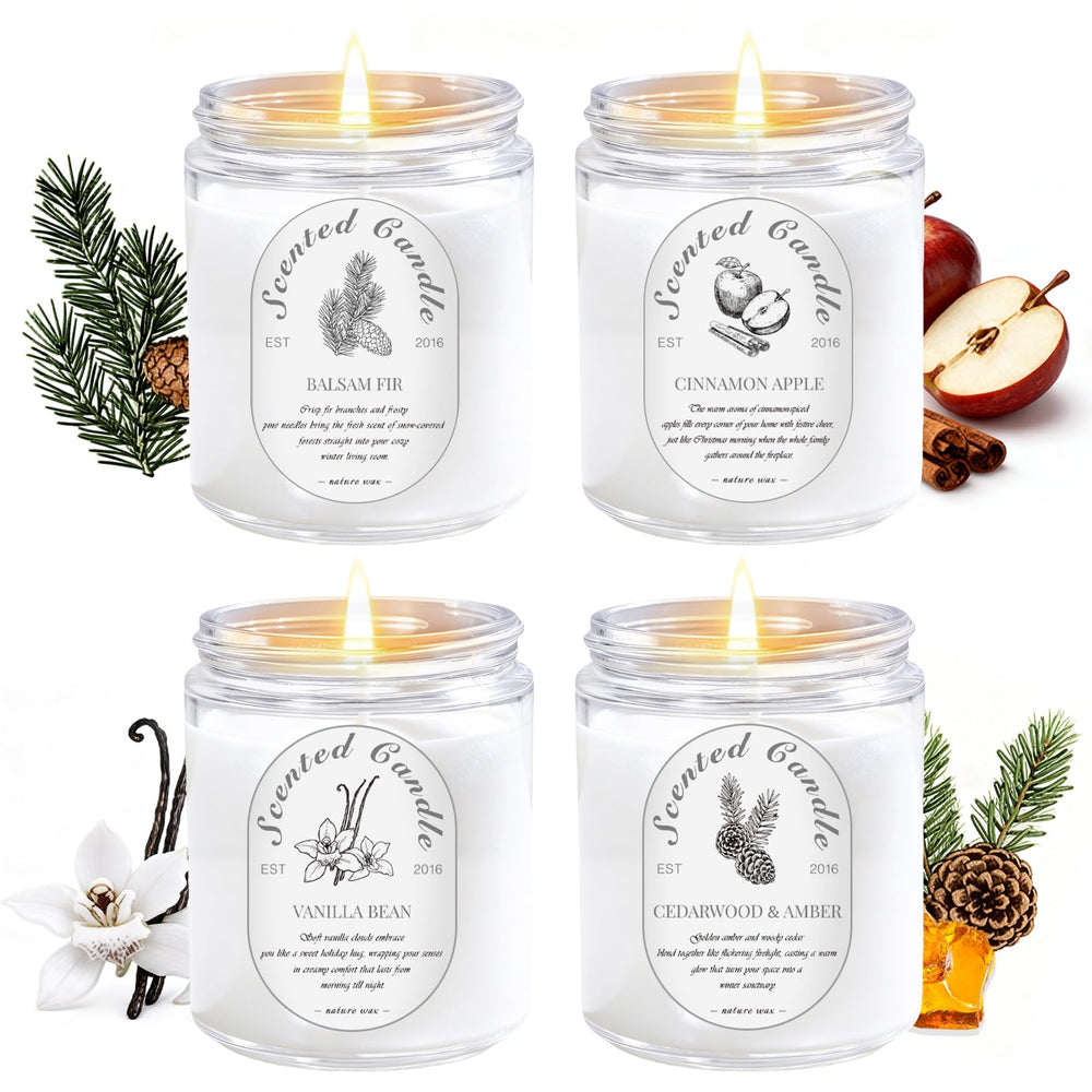 Hero image of Winter Candle Gift Set with four 7oz soy candles: Cinnamon Apple, Balsam Fir, Vanilla Bean, Cedarwood & Amber