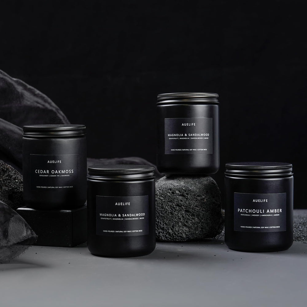 Sandalwood scented candle in matte black jar
