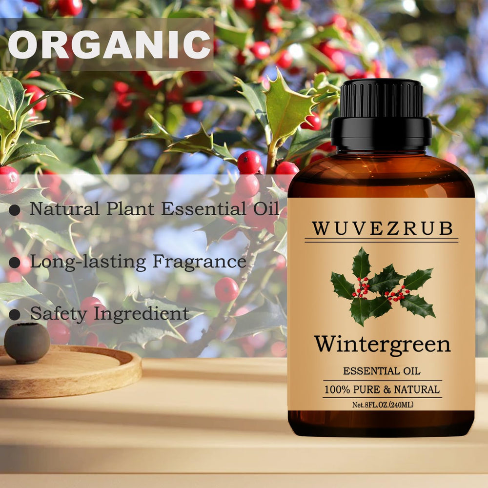 Wintergreen essential oil drops diffusing into air