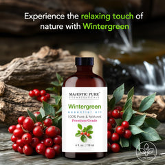 Close-up of amber glass bottle containing wintergreen essential oil