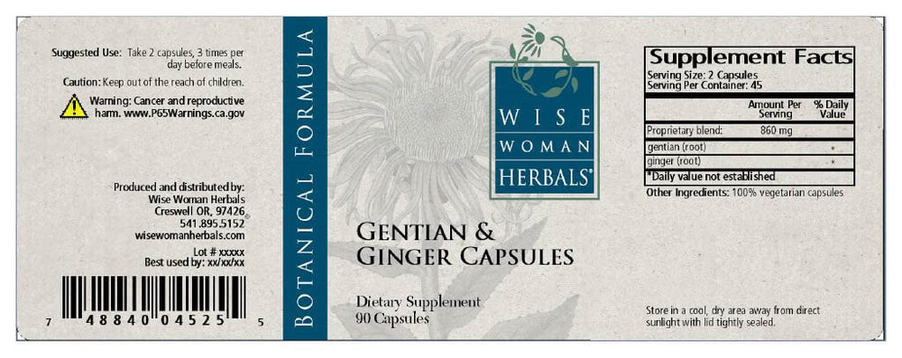 Packaging for Wise Woman Herbals Gentian & Ginger Capsules with two vegetarian capsules